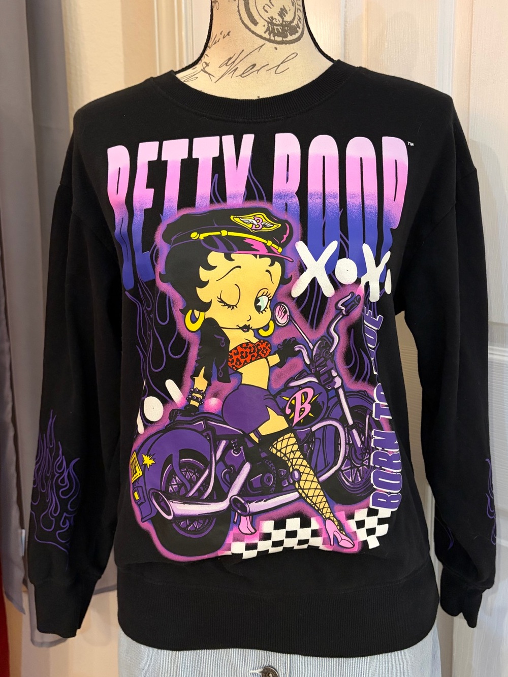 Betty Boop Black Crewneck with Pink & Purple Betty Biker Graphic